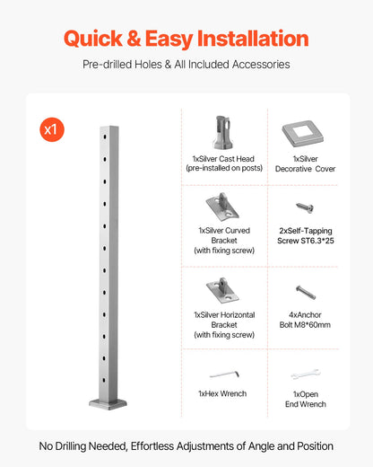 Cable Railing Post, 42x2x2 Inch Stair Railing Post, with Pre-Drilled 30° Angled Holes, Stainless Steel Cable Rail Post with Horizontal and Curved Bracket, 1-Pack, Silver, 1JZLGZXYS1062TLWC001V0
