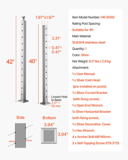 Cable Railing Post, 42x2x2 Inch Stair Railing Post, with Pre-Drilled 30° Angled Holes, Stainless Steel Cable Rail Post with Horizontal and Curved Bracket, 1-Pack, Silver, 1JZLGZXYS1062TLWC001V0