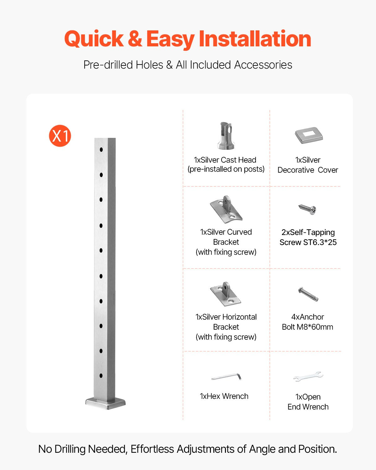 Cable Railing Post, 36x1x2 Inch Level Deck Stair Posts, 1-Pack Stainless Steel Cable Handrail Post, Pre-Drilled Pickets with Mounting Bracket Stair Railing Kit, Silver, 1JZLGZXYS914I4BDB001V0