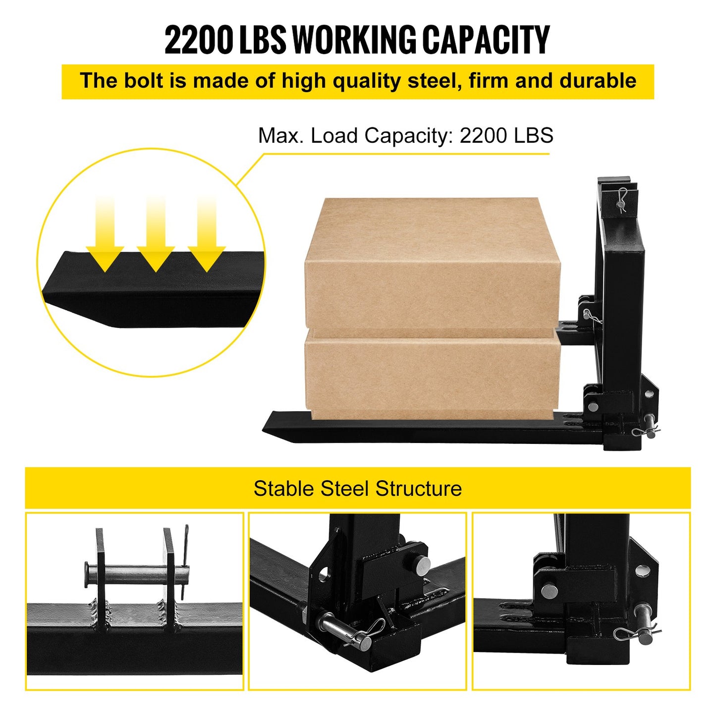 3 Point Hitch Pallet Fork 907.2 kg, Fork Attachment for Category 1 Tractor, 64.8x55.9x104.1 cm, Steel Tractor Heavy Equipment Attachment, for Tractor, Skid Steer Loader