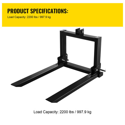 3 Point Hitch Pallet Fork 907.2 kg, Fork Attachment for Category 1 Tractor, 64.8x55.9x104.1 cm, Steel Tractor Heavy Equipment Attachment, for Tractor, Skid Steer Loader
