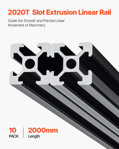 10PCS 78.7in (2000mm) T Slot 2020 Aluminum Extrusion Profile, European Standard Anodized Linear Rail, High-Strength Extruded Aluminum Rail for 3D Printer, CNC Machine DIY, Laser Engraving, Black
