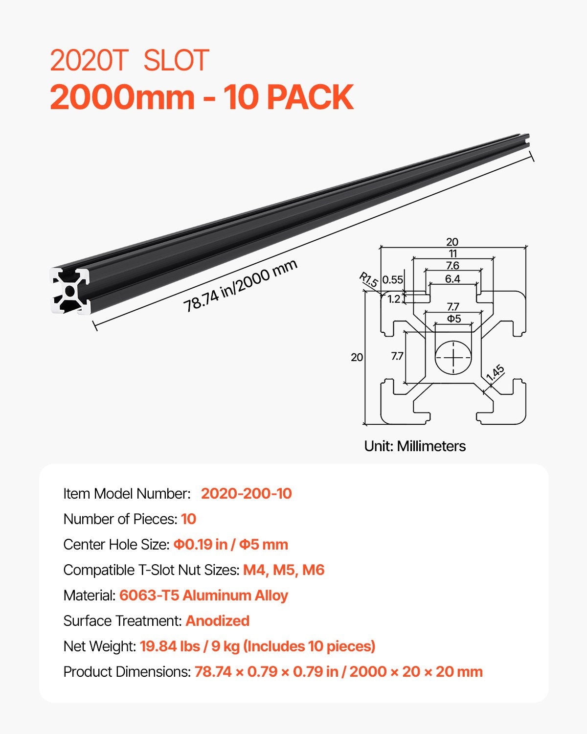 10PCS 78.7in (2000mm) T Slot 2020 Aluminum Extrusion Profile, European Standard Anodized Linear Rail, High-Strength Extruded Aluminum Rail for 3D Printer, CNC Machine DIY, Laser Engraving, Black