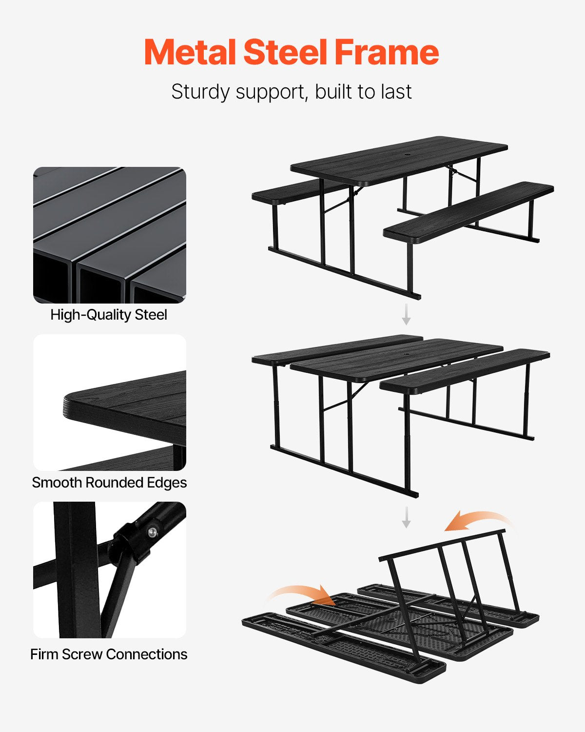 Foldable Picnic Table, 6 FT Folding Picnic Tables with Benches, Steel Outdoor Bench Set with Umbrella Hole, Large Outside Dining Table for Patio Garden Yard Poolside (Black)