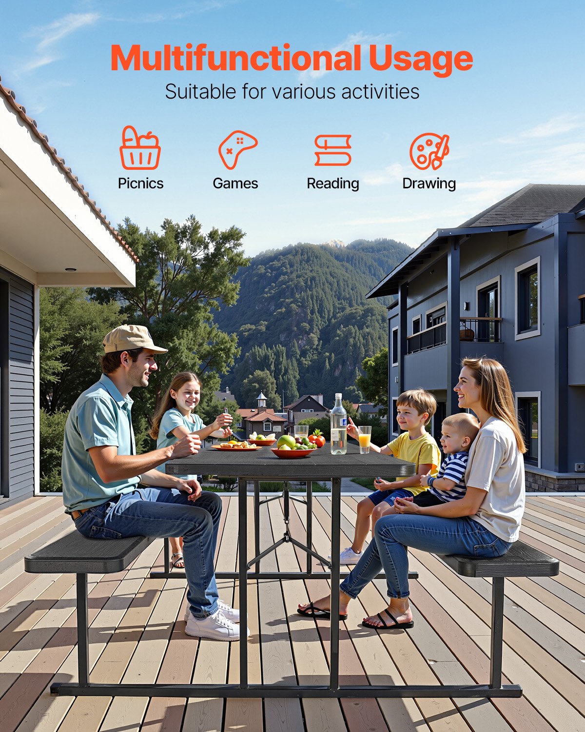 Foldable Picnic Table, 6 FT Folding Picnic Tables with Benches, Steel Outdoor Bench Set with Umbrella Hole, Large Outside Dining Table for Patio Garden Yard Poolside (Black)