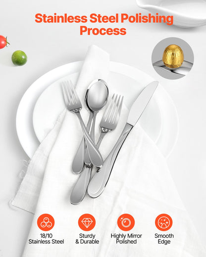 30-teiliges Besteckset aus lebensmittelechtem Edelstahl, hochglanzpoliert, spülmaschinenfest, für 6 Personen, inklusive Messer, Gabel und Löffel.
