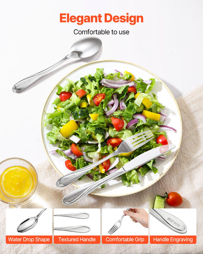 30-teiliges Besteckset aus lebensmittelechtem Edelstahl, hochglanzpoliert, spülmaschinenfest, für 6 Personen, inklusive Messer, Gabel und Löffel.