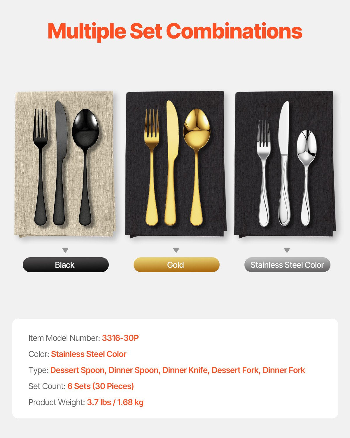 30-teiliges Besteckset aus lebensmittelechtem Edelstahl, hochglanzpoliert, spülmaschinenfest, für 6 Personen, inklusive Messer, Gabel und Löffel.