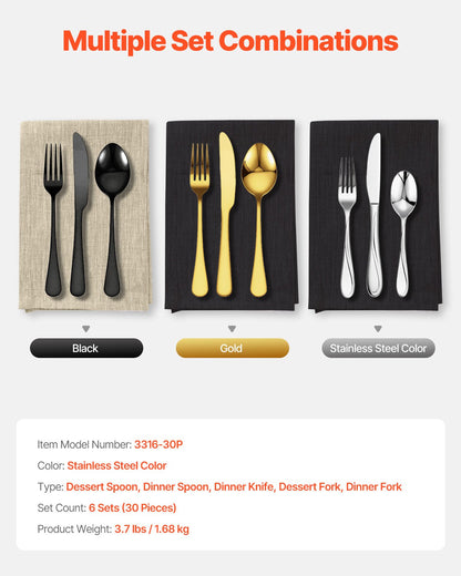 30-teiliges Besteckset aus lebensmittelechtem Edelstahl, hochglanzpoliert, spülmaschinenfest, für 6 Personen, inklusive Messer, Gabel und Löffel.