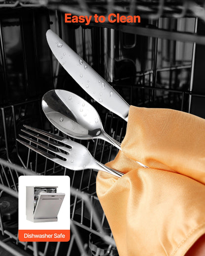 65-teiliges Besteckset aus lebensmittelechtem Edelstahl, hochglanzpoliert, spülmaschinenfest, für 12 Personen, inklusive Messer, Gabel und Löffel.