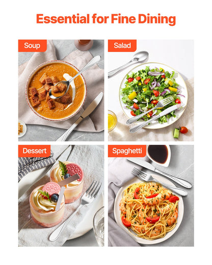 65-teiliges Besteckset aus lebensmittelechtem Edelstahl, hochglanzpoliert, spülmaschinenfest, für 12 Personen, inklusive Messer, Gabel und Löffel.