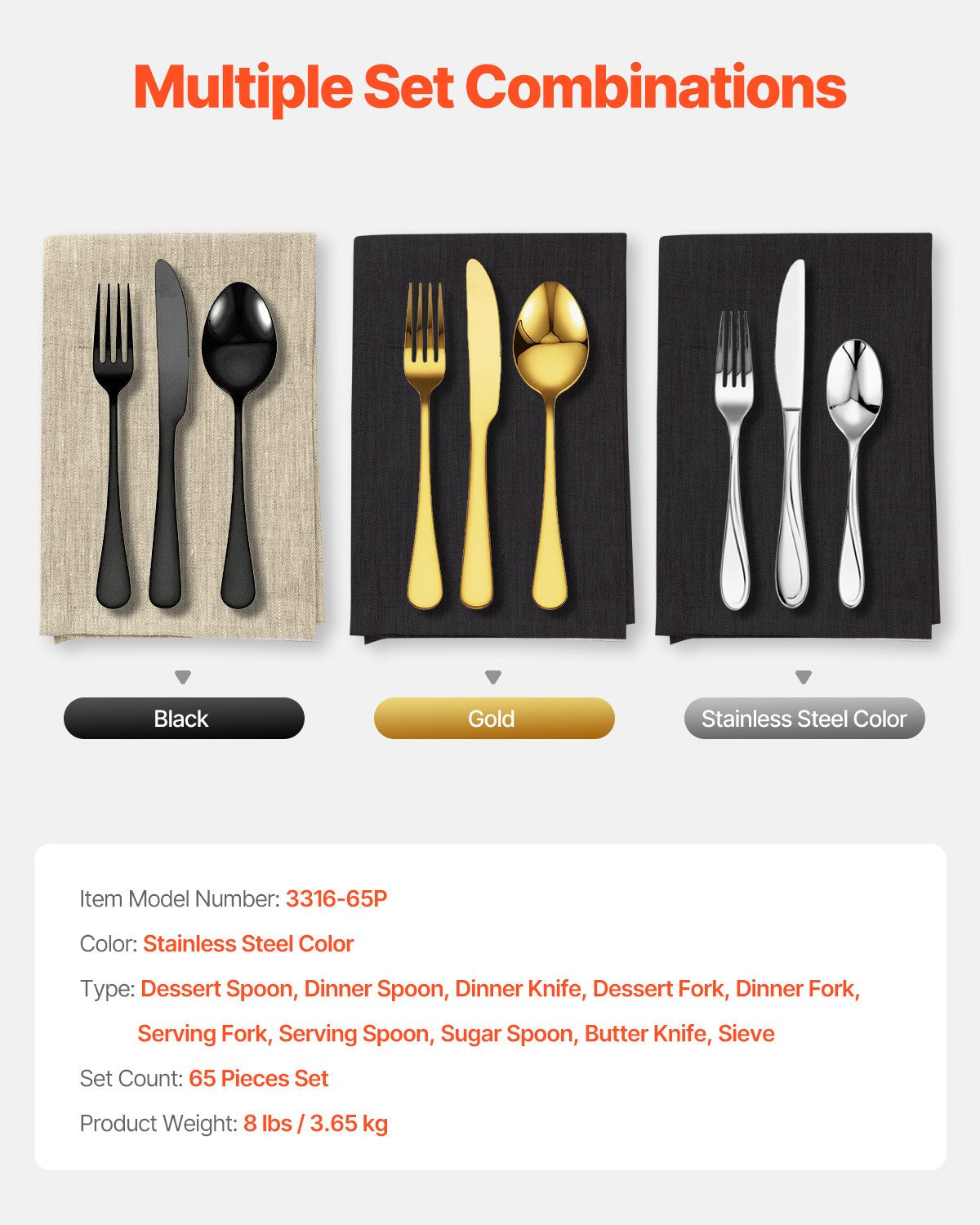 65-teiliges Besteckset aus lebensmittelechtem Edelstahl, hochglanzpoliert, spülmaschinenfest, für 12 Personen, inklusive Messer, Gabel und Löffel.