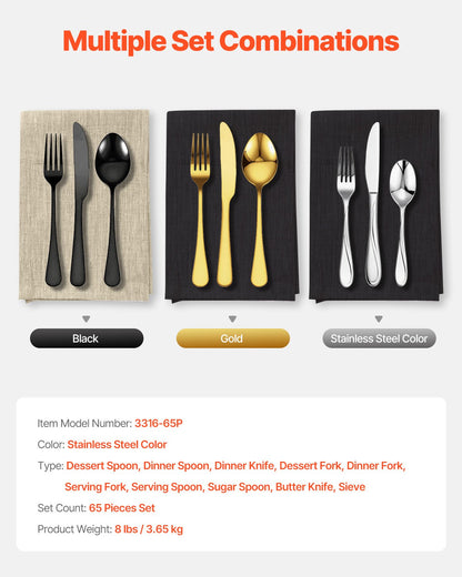 65-teiliges Besteckset aus lebensmittelechtem Edelstahl, hochglanzpoliert, spülmaschinenfest, für 12 Personen, inklusive Messer, Gabel und Löffel.