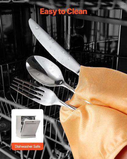 45-teiliges Besteckset aus lebensmittelechtem Edelstahl, hochglanzpoliert, spülmaschinenfest, für 8 Personen, inklusive Messer, Gabel und Löffel.