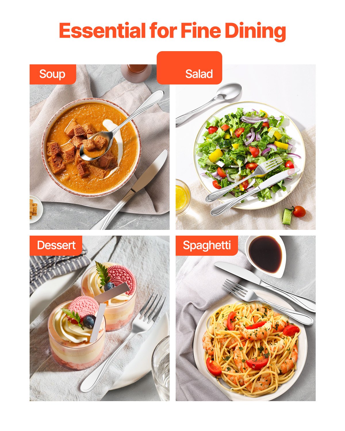 45-teiliges Besteckset aus lebensmittelechtem Edelstahl, hochglanzpoliert, spülmaschinenfest, für 8 Personen, inklusive Messer, Gabel und Löffel.