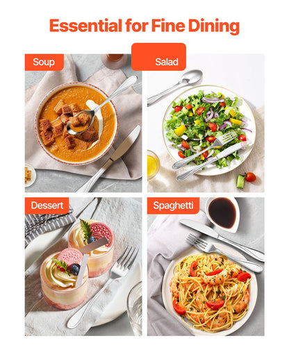 45-teiliges Besteckset aus lebensmittelechtem Edelstahl, hochglanzpoliert, spülmaschinenfest, für 8 Personen, inklusive Messer, Gabel und Löffel.