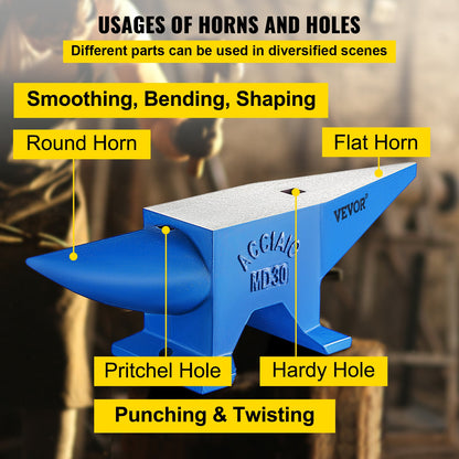 Mophorn Horn Anvil, Steel Anvil Blacksmith Weight 30KG/66.1LBS, Blacksmith Anvil Steel Anvil Round Horn Metal Work Steel Anvil Blacksmith Hardy Hole