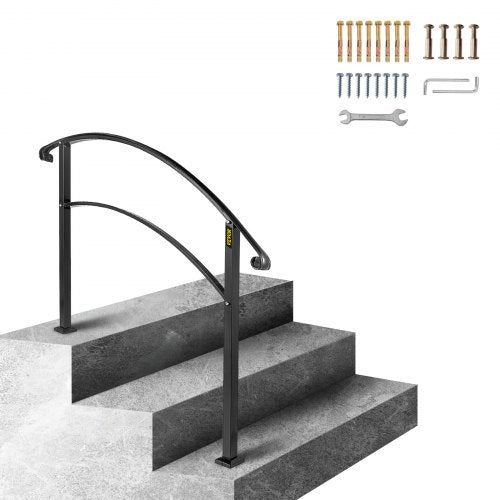 Handrails for Outdoor Steps, Fit 1 or 3 Steps Outdoor Stair Railing, Black Wrought Iron Handrail, Flexible Front Porch Hand Rail, Transitional Handrails for Concrete Steps or Wooden Stairs