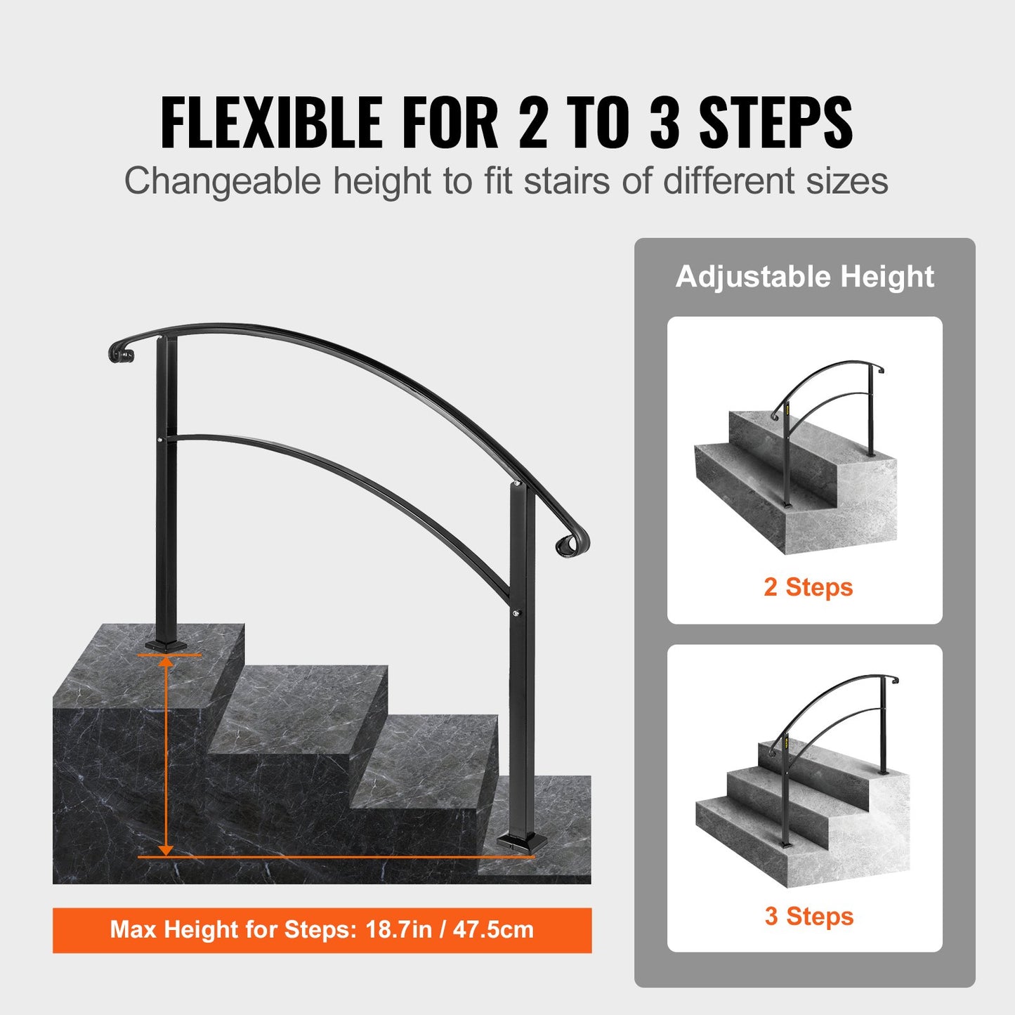 Handrails for Outdoor Steps, Fit 1 or 3 Steps Outdoor Stair Railing, Black Wrought Iron Handrail, Flexible Front Porch Hand Rail, Transitional Handrails for Concrete Steps or Wooden Stairs