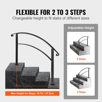 Handrails for Outdoor Steps, Fit 1 or 3 Steps Outdoor Stair Railing, Black Wrought Iron Handrail, Flexible Front Porch Hand Rail, Transitional Handrails for Concrete Steps or Wooden Stairs