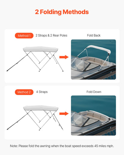 3 Bow Boat Bimini Tops, 600D Polyester Canopy with Aluminum Alloy Frame, Waterproof & Sun Shade Boat Awning Canopy with Storage Bag, 2 Support Poles, 4 Straps, 6'Lx(54"-60")Wx46"H, Light Grey