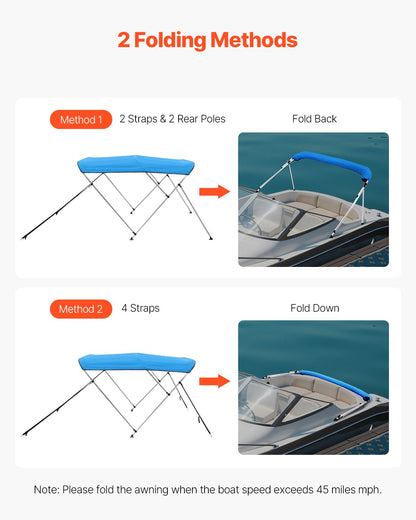 3 Bow Boat Bimini Top, 600D Polyester Canopy with Aluminum Alloy Frame, Waterproof & Sun Shade Boat Awning Canopy with Storage Bag, 2 Support Poles, 4 Straps, 72"Lx(73"-78")Wx46"H, Pacific Blue