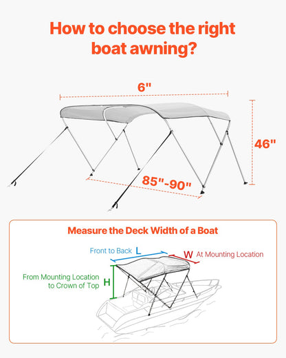 3 Bow Boat Bimini Tops, 600D Polyester Canopy with Aluminum Alloy Frame, Waterproof & Sun Shade Boat Awning Canopy with Storage Bag, 2 Support Poles, 4 Straps, 72"Lx(85"-90")Wx46"H, Light Grey