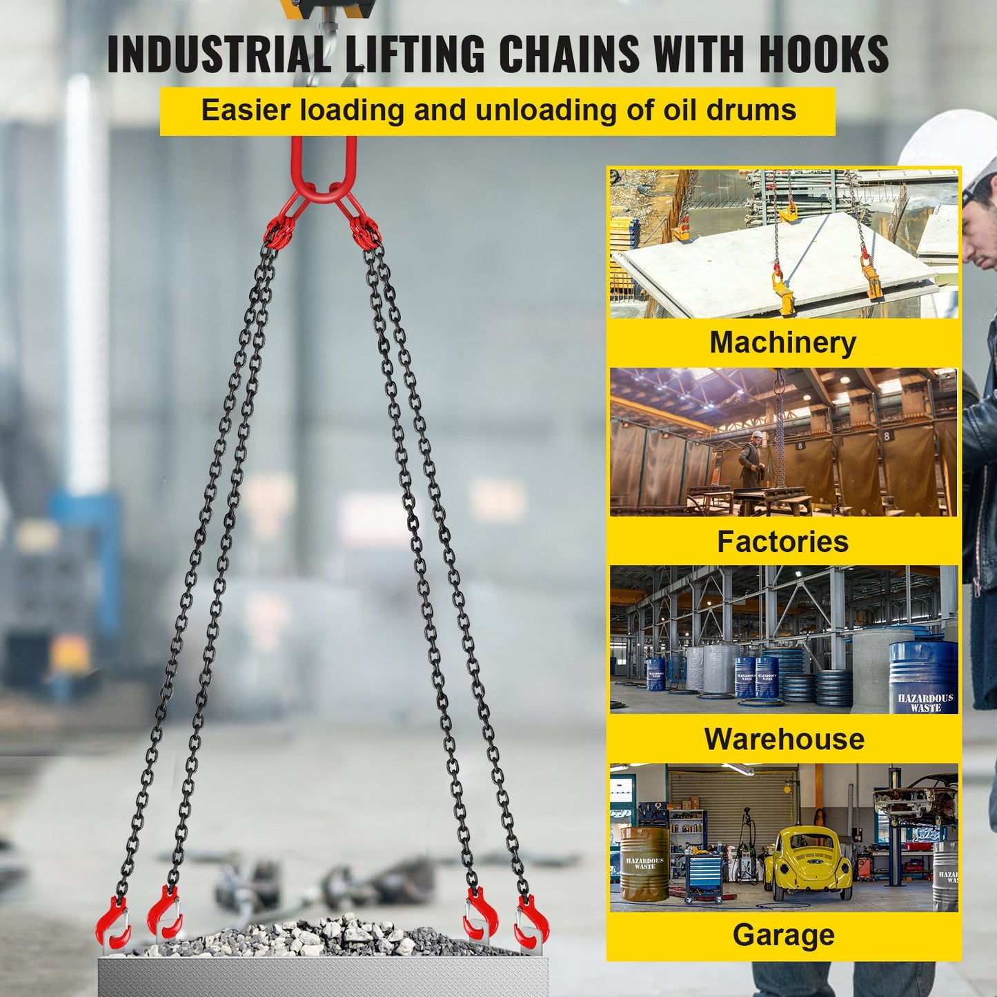 10ft Lifting Chain Sling, 5/16 inch Hanging Lift Chain, 11000lbs Capacity G80 Alloy Steel Engine Chain Hoist Lifts Heavyy Duty 5 Ton with 4 Leg Grab Hooks and Adjuster