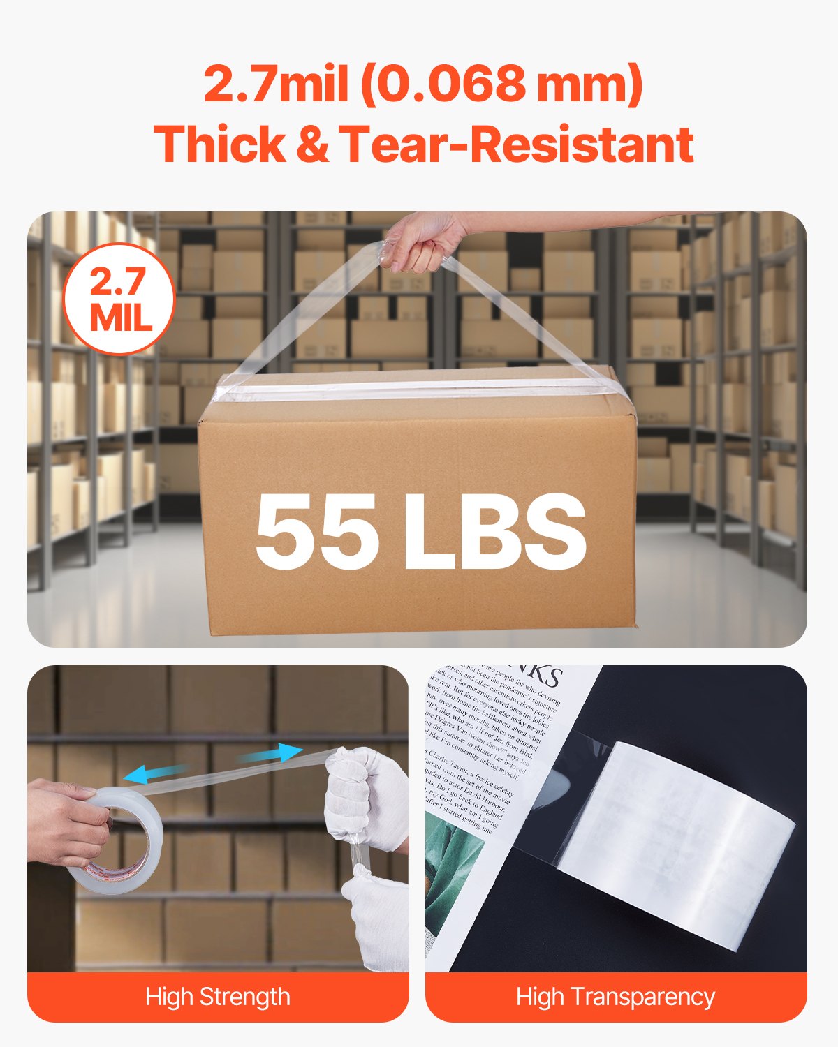 Clear Packing Tape, 3 inches Core, 6 Rolls 3 Inches x 65 Yards Packing Tapes, 2.7 Mil Thick, Heavy Duty Packaging Tape Designed for Moving, Storage and Packing, Shipping and Mailing, Office