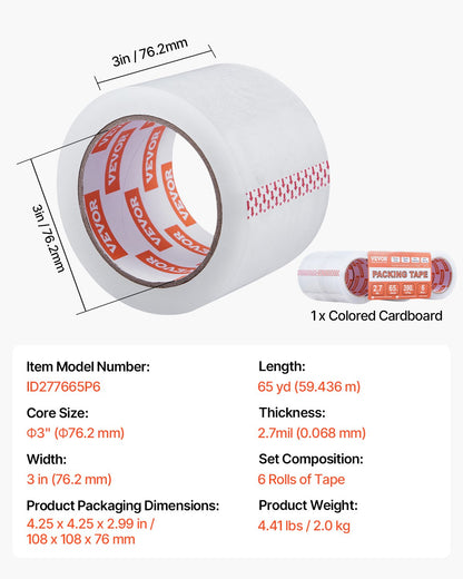 Clear Packing Tape, 3 inches Core, 6 Rolls 3 Inches x 65 Yards Packing Tapes, 2.7 Mil Thick, Heavy Duty Packaging Tape Designed for Moving, Storage and Packing, Shipping and Mailing, Office