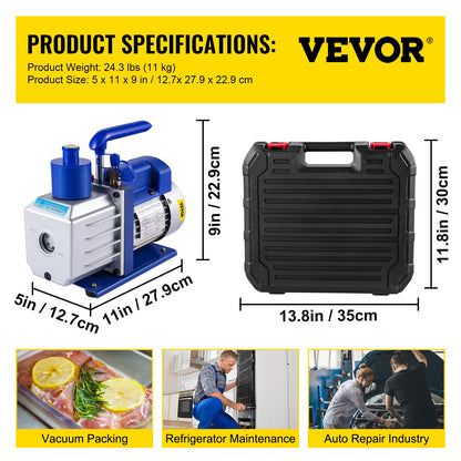 Vacuum Pump Kit HVAC Single Stage AC Vacuum Pump 283 L/min(4.8CFM) 246W(1/3HP) Air Vacuum Pump with 3 Valve A/C Manifold Gauge Set Refrigerant Air Conditioning