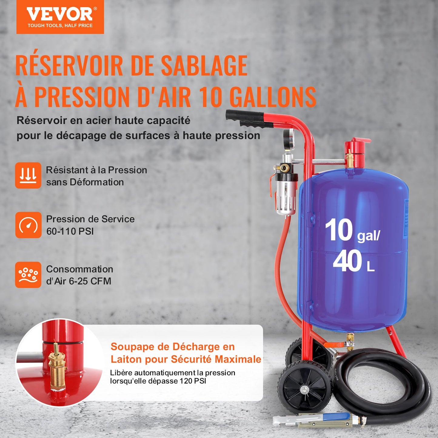 10Gal/40L Sandblaster Equipped with Nozzle Shut-Off Valve Pressure Gauge Ceramic Nozzle 2.5m Hose Filling Funnel Watertrap 6\" Rubber Wheels Grit Power Sand Blasters Portable Sandblasting Equipm