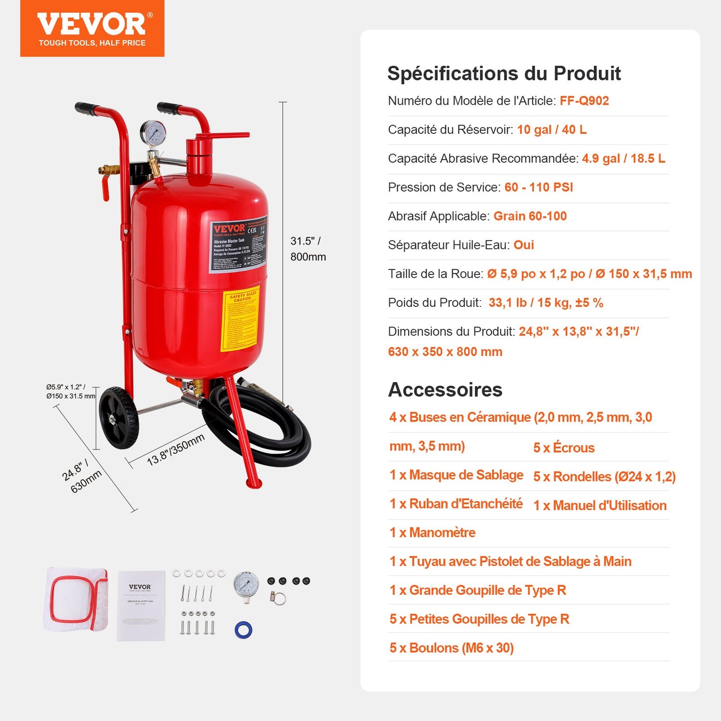 10Gal/40L Sandblaster Equipped with Nozzle Shut-Off Valve Pressure Gauge Ceramic Nozzle 2.5m Hose Filling Funnel Watertrap 6\" Rubber Wheels Grit Power Sand Blasters Portable Sandblasting Equipm