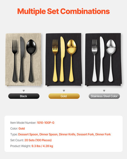 100-teiliges goldenes Silberbesteck-Set, lebensmittelechtes Edelstahl-Besteck für 20 Personen, hochglanzpoliertes Besteckset, spülmaschinenfest, inklusive Messer, Gabel und Löffel