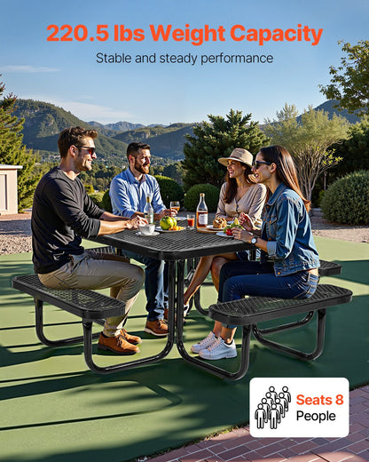 Picnic Table, Outdoor Weather Resistant Patio Dining Furniture Set, Heavy Duty Coated Steel Tables with Umbrella Hole, 45.7 in Square Table and Bench Set, for Garden, Backyard, Porch, Black