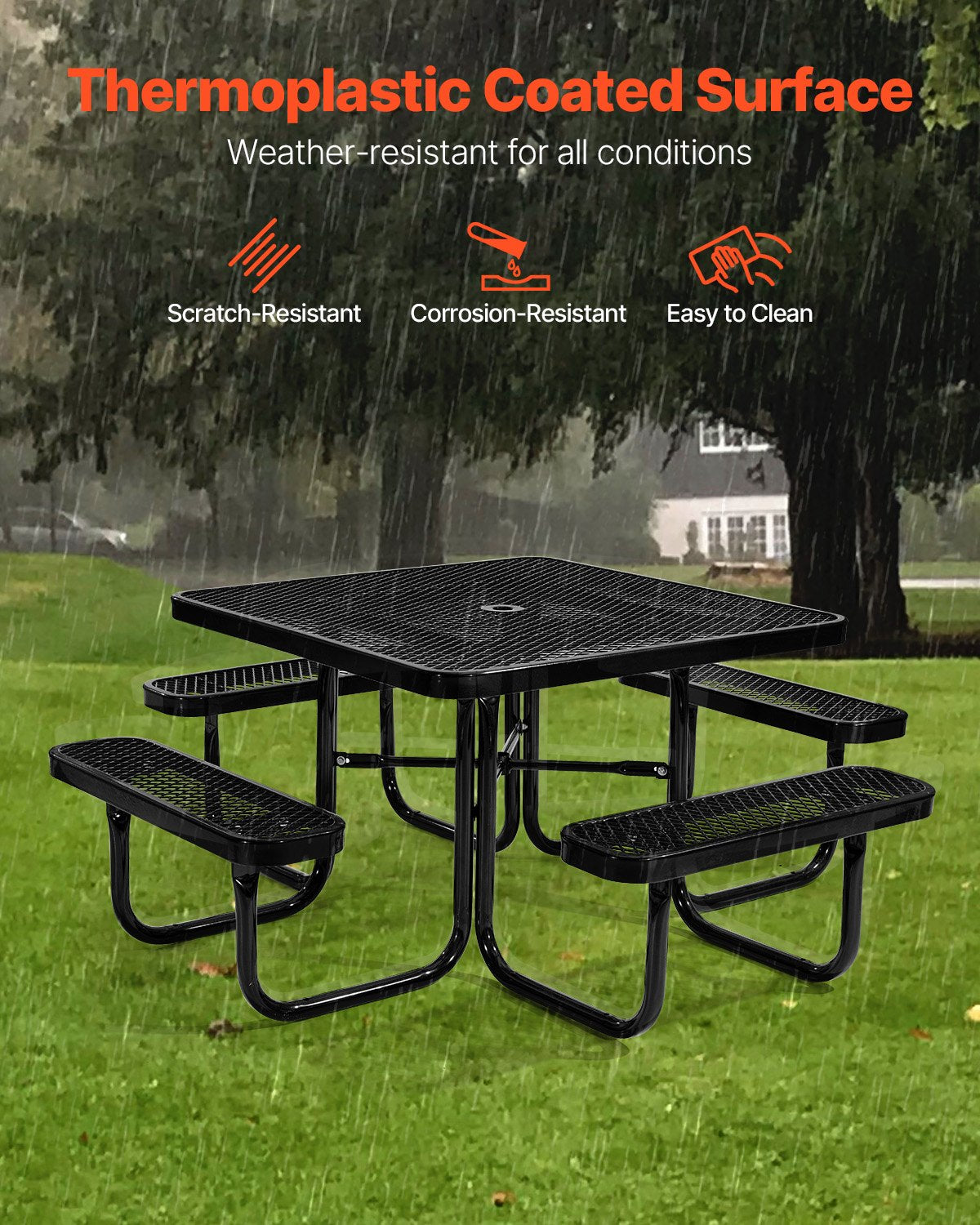 Picnic Table, Outdoor Weather Resistant Patio Dining Furniture Set, Heavy Duty Coated Steel Tables with Umbrella Hole, 45.7 in Square Table and Bench Set, for Garden, Backyard, Porch, Black