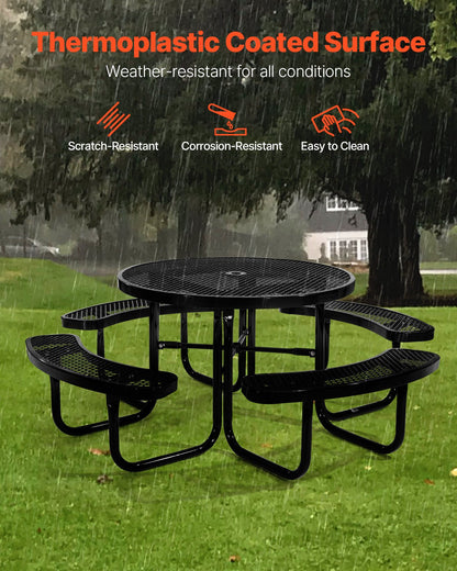 Heavy-Duty Picnic Table, Outdoor Furniture Weather Resistant Patio Dining Set, Coated Steel Tables with Umbrella Hole, 46" Round Table and Bench Set, for Garden, Backyard, Porch (Black)