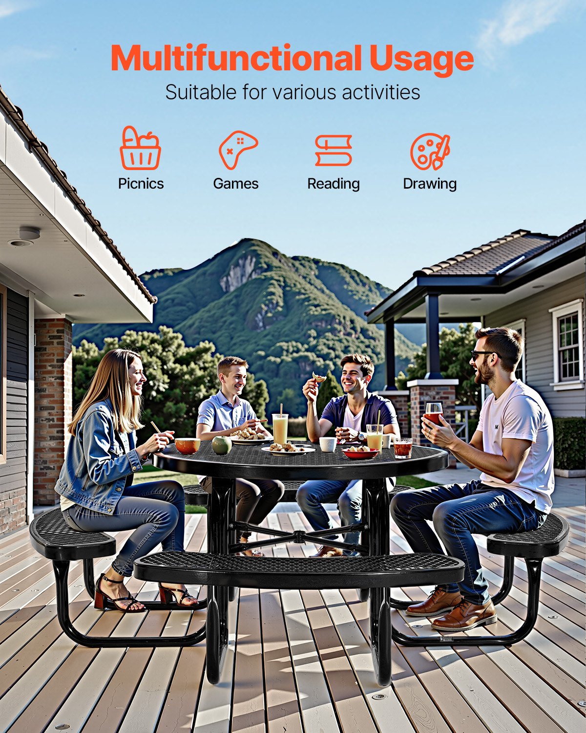 Heavy-Duty Picnic Table, Outdoor Furniture Weather Resistant Patio Dining Set, Coated Steel Tables with Umbrella Hole, 46" Round Table and Bench Set, for Garden, Backyard, Porch (Black)