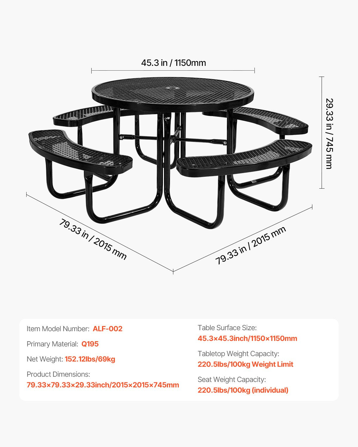 Heavy-Duty Picnic Table, Outdoor Furniture Weather Resistant Patio Dining Set, Coated Steel Tables with Umbrella Hole, 46" Round Table and Bench Set, for Garden, Backyard, Porch (Black)
