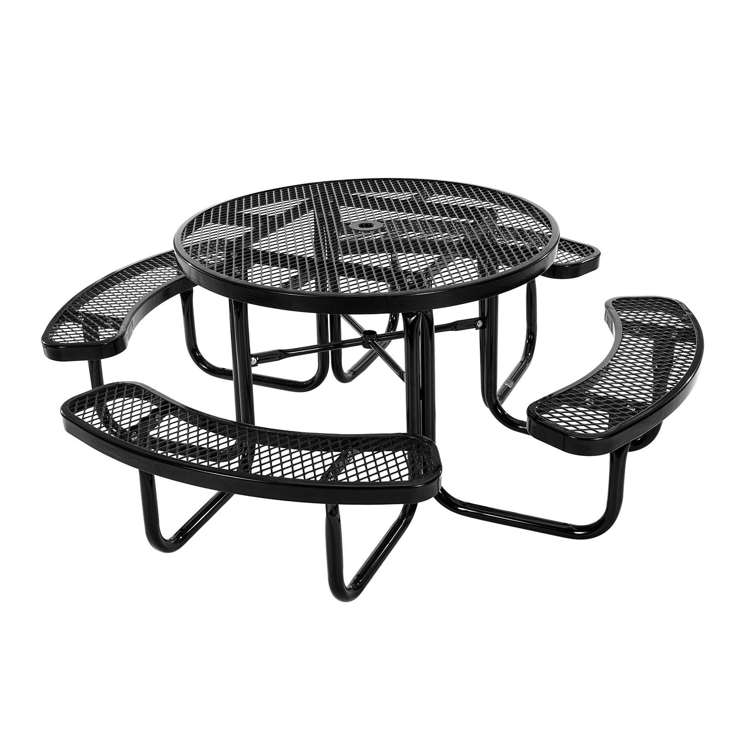 Heavy-Duty Picnic Table, Outdoor Furniture Weather Resistant Patio Dining Set, Coated Steel Tables with Umbrella Hole, 46" Round Table and Bench Set, for Garden, Backyard, Porch (Black)
