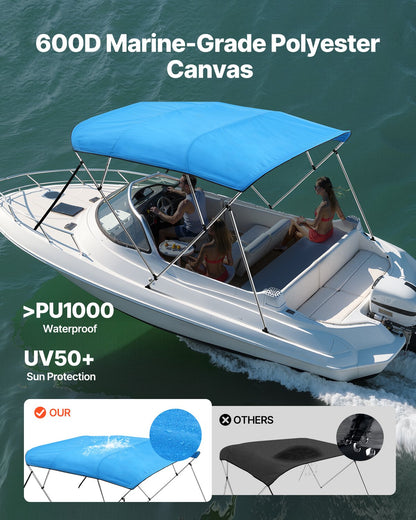 4 Bow Boat Bimini Tops, 600D Polyester Canopy with Aluminum Alloy Frame, Waterproof & Sun Shade Boat Awning Canopy with Storage Bag, 2 Support Poles, 4 Straps, 96"Lx(79"-84")Wx54"H, Pacific Blue