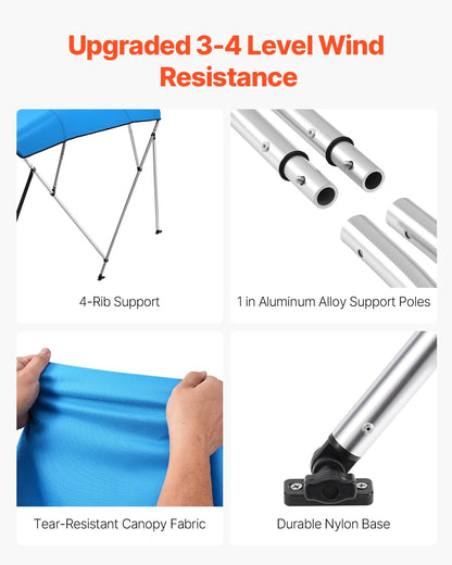 4 Bow Boat Bimini Tops, 600D Polyester Canopy with Aluminum Alloy Frame, Waterproof & Sun Shade Boat Awning Canopy with Storage Bag, 2 Support Poles, 4 Straps, 96"Lx(79"-84")Wx54"H, Pacific Blue