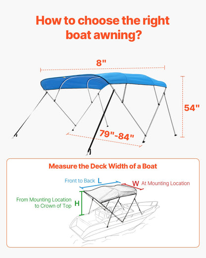 4 Bow Boat Bimini Tops, 600D Polyester Canopy with Aluminum Alloy Frame, Waterproof & Sun Shade Boat Awning Canopy with Storage Bag, 2 Support Poles, 4 Straps, 96"Lx(79"-84")Wx54"H, Pacific Blue