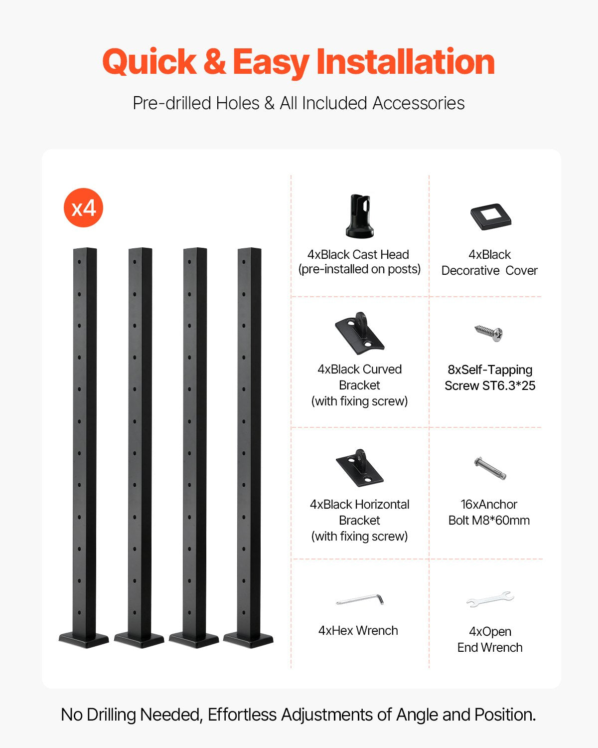 4-Pack Cable Railing Post, 42x2x2 In Horizontal-Hole Deck Railing Post with Pre-Drilled Holes, Stainless Steel Cable Rail Post with Horizontal and Curved Bracket, Black, 4JZLGZXHS106URZU0001V0