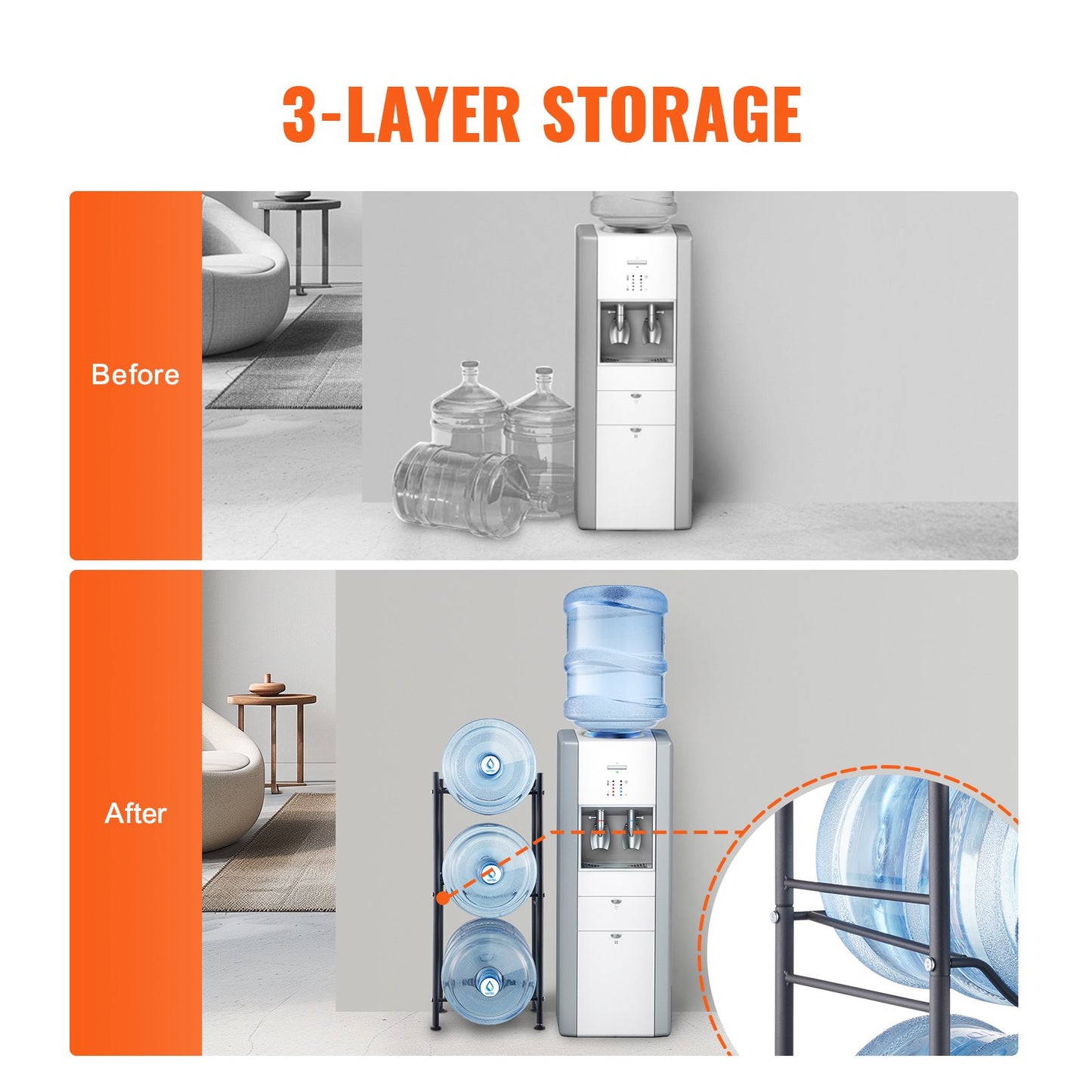 3 Tiers Water Jug Holder, 5 Gallon Water Bottle Holder, Single Row Water Bottle Rack for 3 Bottles, Heavy Duty Water Jug Rack for Kitchen, Office, Living Room, Black