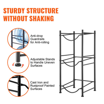 3 Tiers Water Jug Holder, 5 Gallon Water Bottle Holder, Single Row Water Bottle Rack for 3 Bottles, Heavy Duty Water Jug Rack for Kitchen, Office, Living Room, Black