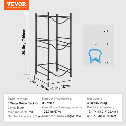 3 Tiers Water Jug Holder, 5 Gallon Water Bottle Holder, Single Row Water Bottle Rack for 3 Bottles, Heavy Duty Water Jug Rack for Kitchen, Office, Living Room, Black