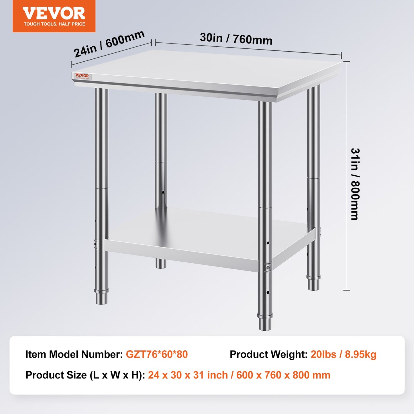 Work Table 24 x 30 x 32 Inches NSF Stainless Steel Work Table for Commercial Kitchen Prep Workbench 60X76X80cm with Lower Shelf Work Table Silvery for Commercial Kitchen Restaurant