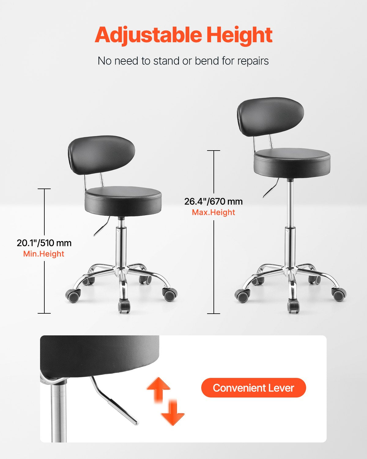 Shop Stool with Backrest, Pneumatic Garage Seat/Work Stool with Wheels, 300 lbs Load, Adjustable Roller Creeper Seat, 360° Swivel Padded Workshop Stool, for Garage, Shop & Auto Repair, Black