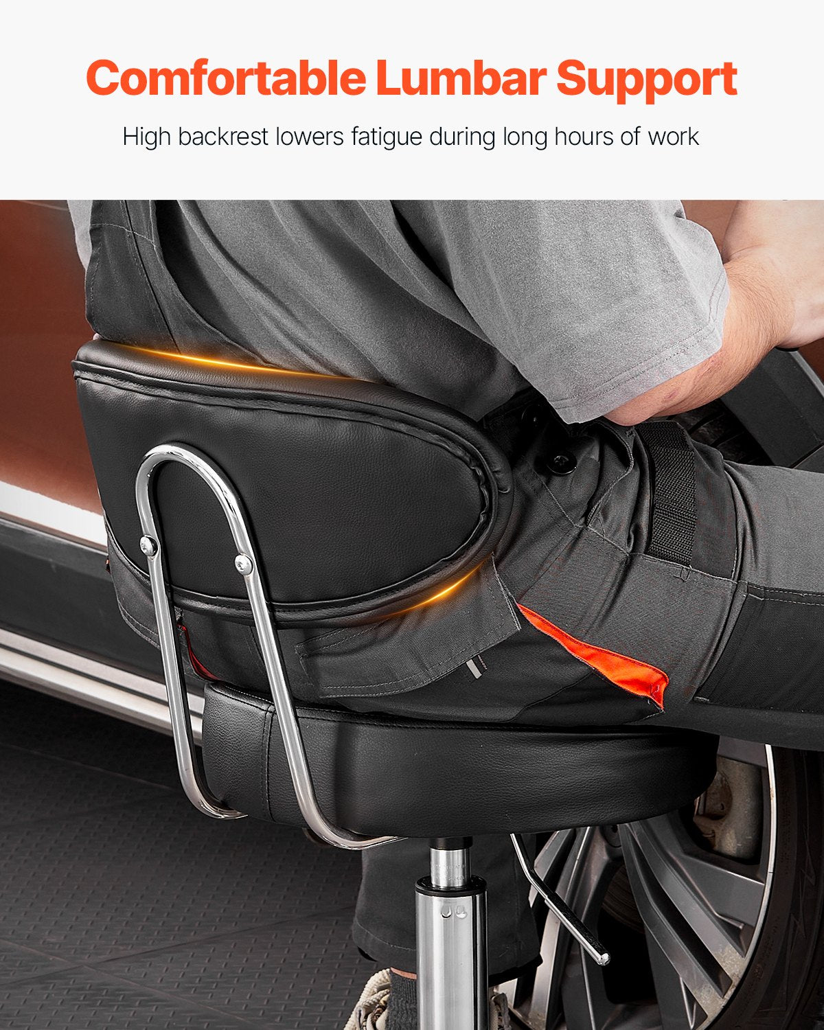 Shop Stool with Backrest, Pneumatic Garage Seat/Work Stool with Wheels, 300 lbs Load, Adjustable Roller Creeper Seat, 360° Swivel Padded Workshop Stool, for Garage, Shop & Auto Repair, Black